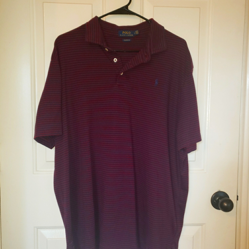 Men's Polo by Ralph Lauren polo, golf shirt size L deep red and navy stripes